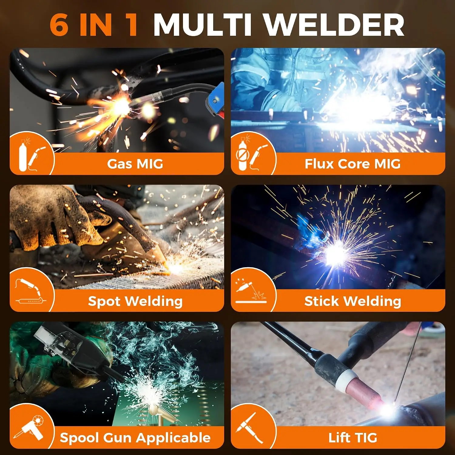 250A 6-in-1 MIG Welder, Multi-Process Gas MIG/Gasless Flux Core/Stick/Lift TIG/Spot Welding/Spool Gun Compatible Aluminum