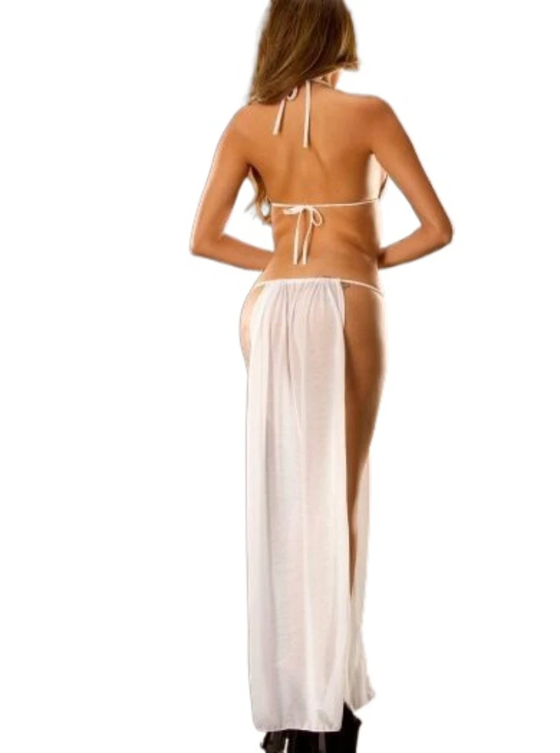 Transparent Porn Dress Perspective Nightgown Long Mesh High Slit Skirt Hanging Neck Sexy Lingerie Exotic Bare Breast Backless