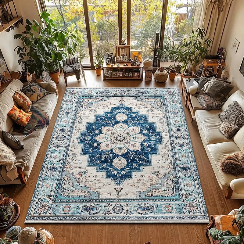 

RAKKS Vintage Boho Light Blue Rug for Office, Living Room, Kids Room and Farmhouse, Durable Low Pile Non-Slip Area Rug for Areas