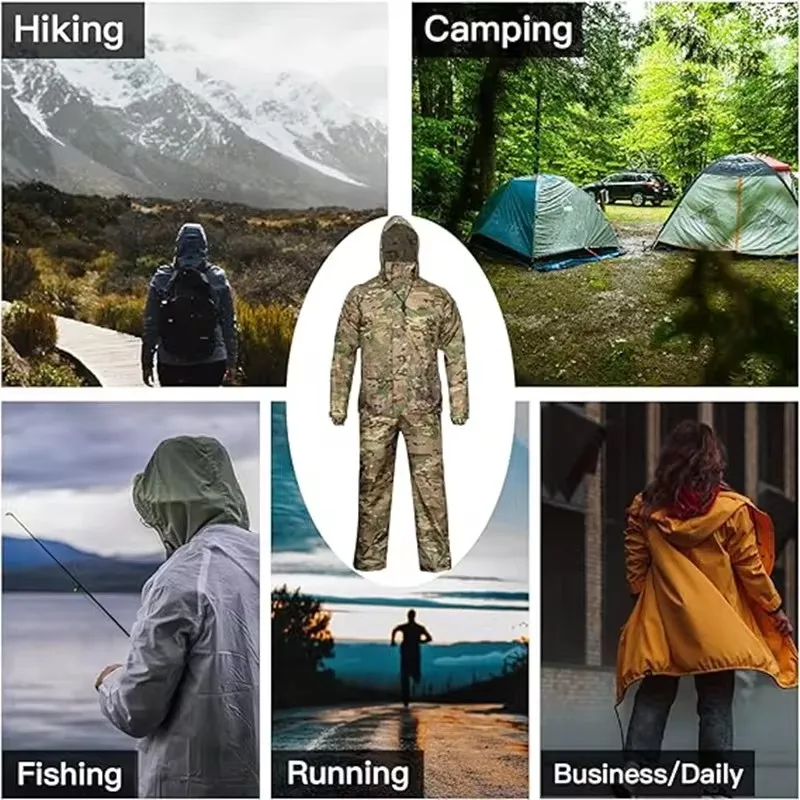 Raincoat Set Adults Unisex Men Women Camping Rain Coat Set Hiking Hunting Suit Outdoor Rainwear Poncho Rain Gears Waterproof