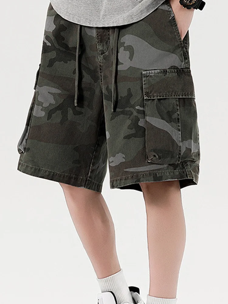 American Retro Cotton Camo Cargo Shorts for Men 2026 Summer Fashion Drawstring Elastic Waist Multi-Pocket Casual Shorts Male