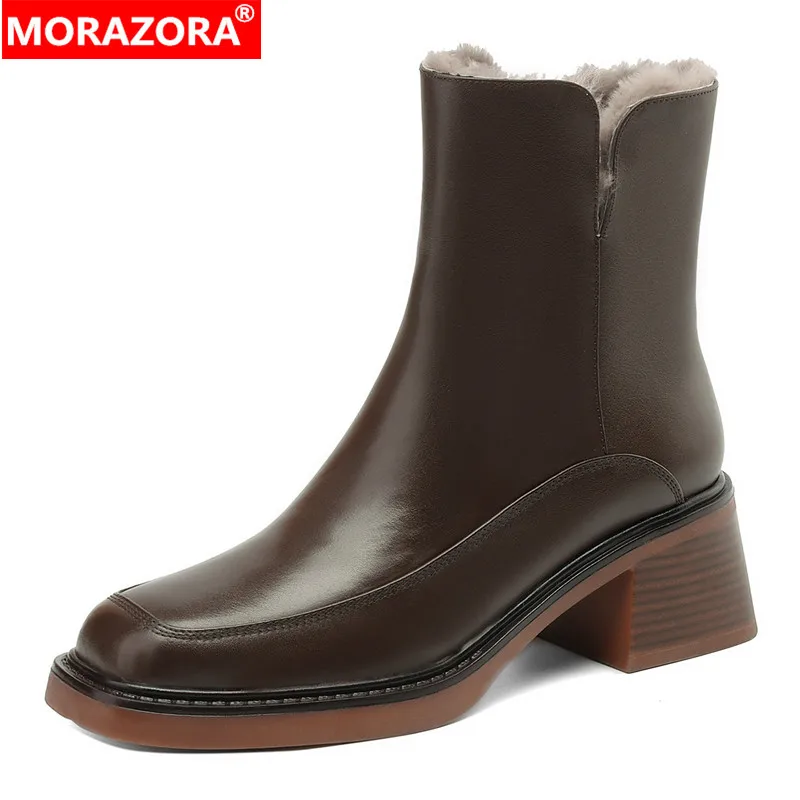 

MORAZORA 2024 New Genuine Leather Boots Women Zipper Nature Wool Warm Snow Boots Square Mid Heels Ladies Ankle Boots Shoes