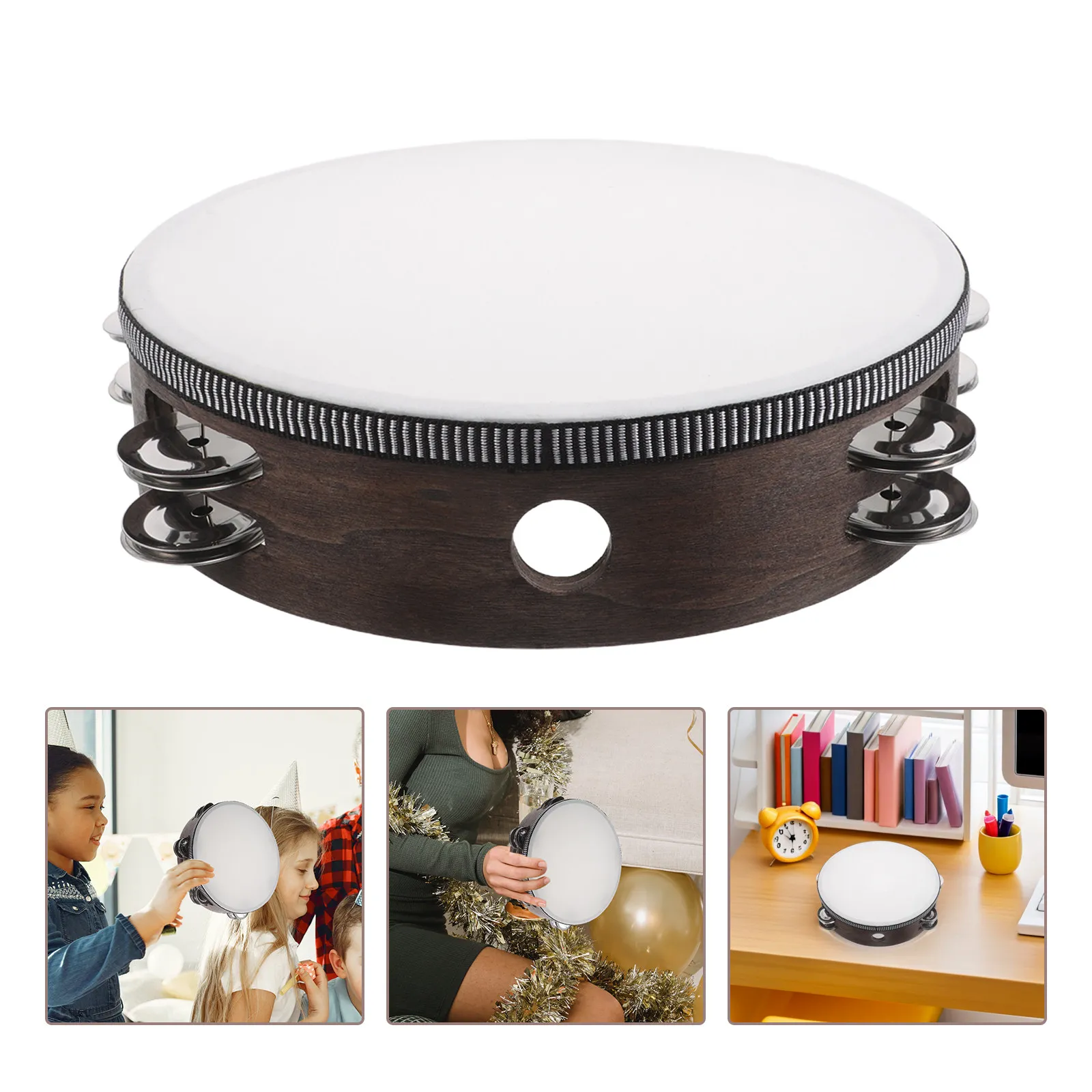 Handheld Tambourine Walnut Finish Double Row Jingles Bright Resonant Sound Kids Musical Perception Rhythm Learning Percussion