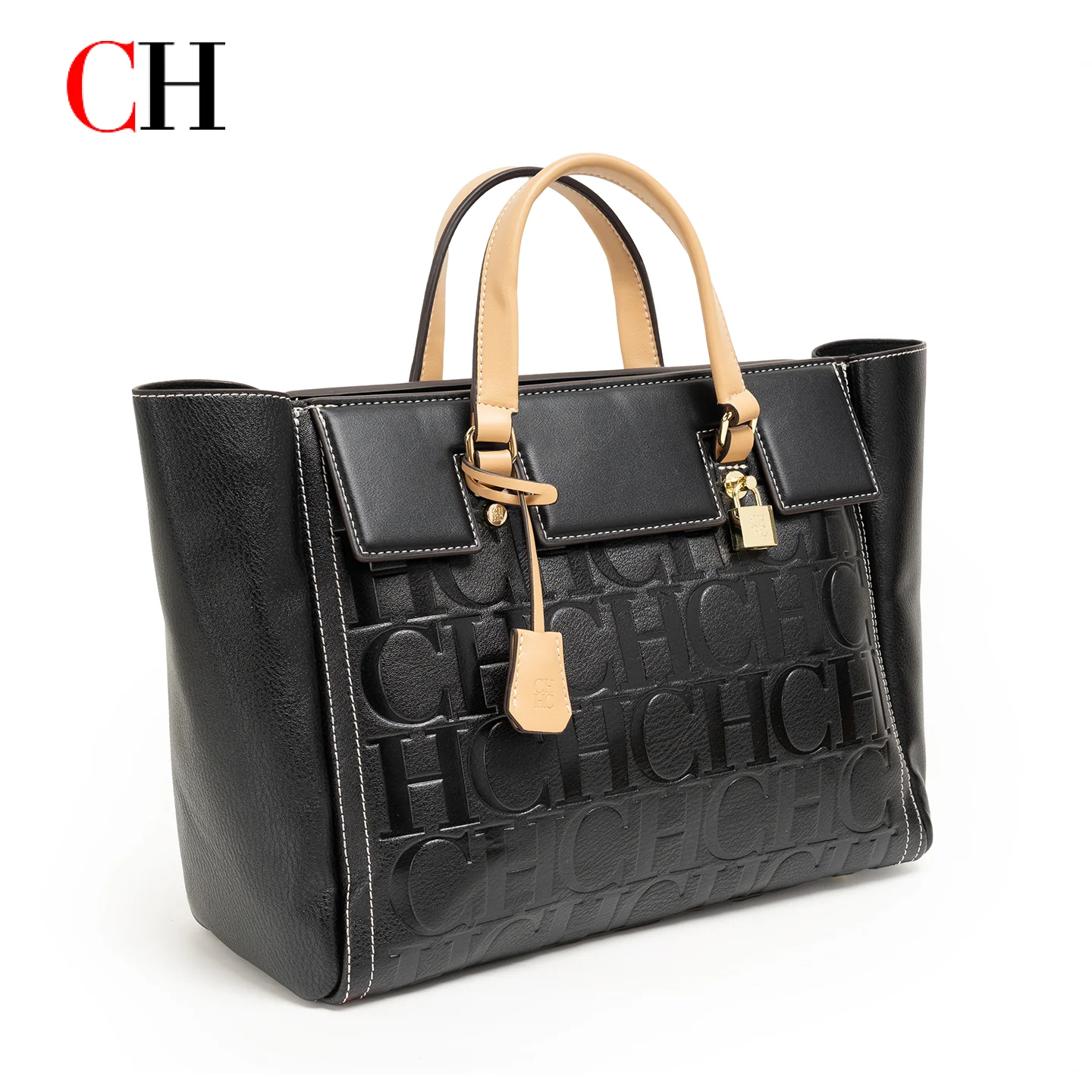 CH Women's Embossed Letter Tote Bag Large Capacity Top Handle Shoulder Handbag Fashion Accessories with Lock Charm view 2