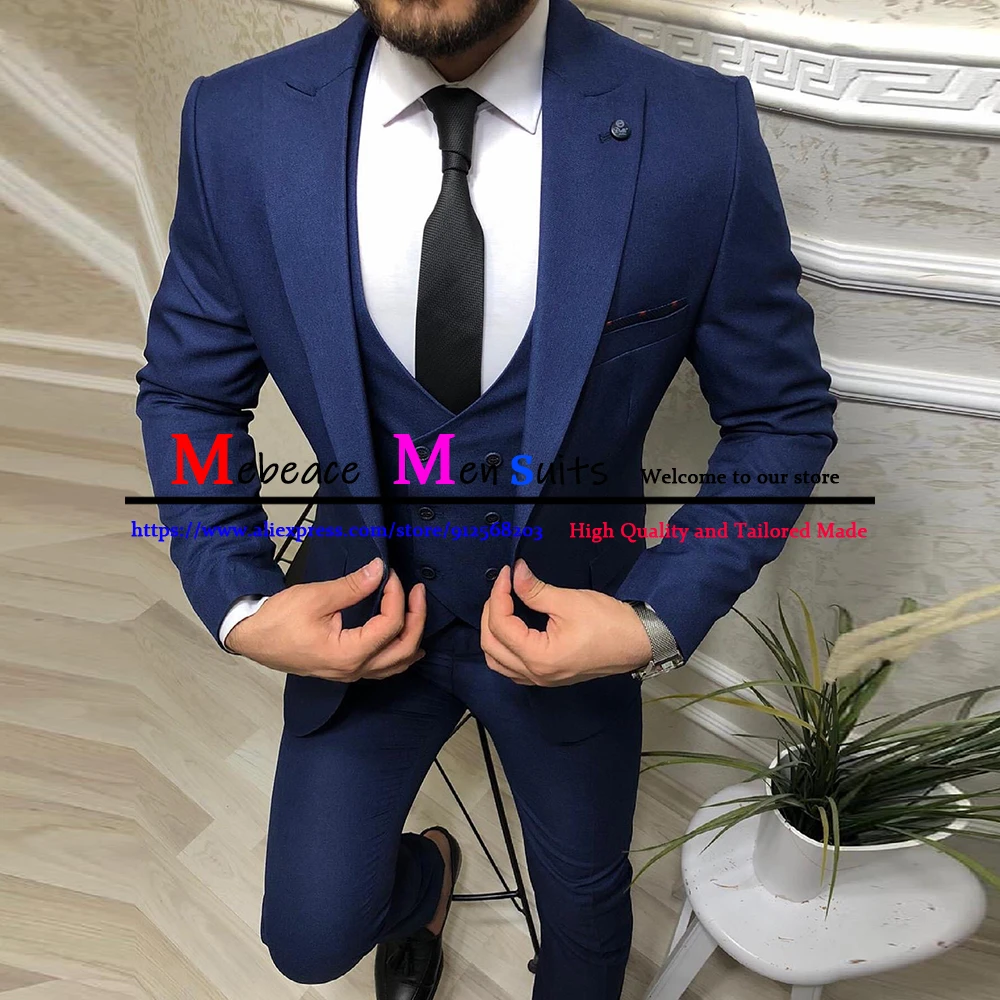 

3 Pieces Men's Suit Slim Peaked Lapel Royal Blue Mens Wedding Suits Groomsmen Party Blazer (Jacket+Pants+Vest) Trajes De Hombre