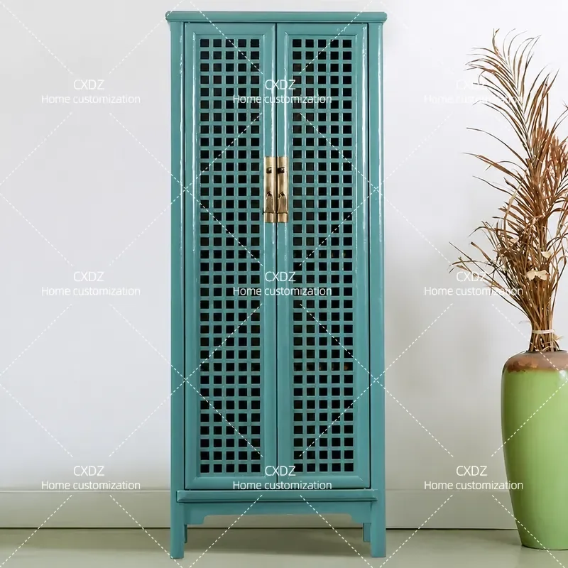 New Chinese Style Solid Wood Bookcase Antique Vertical Cabinet Retro Hollow Storage Decorative Display Wardrobe High Cabinet