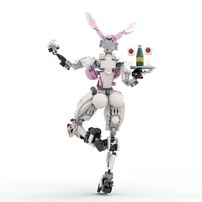 BuildMOC 468PCS Bunnyed Girl Robot Female Mecha Model with Wine Plate Garnish DIY Building Bricks for Adults Collection Gifts