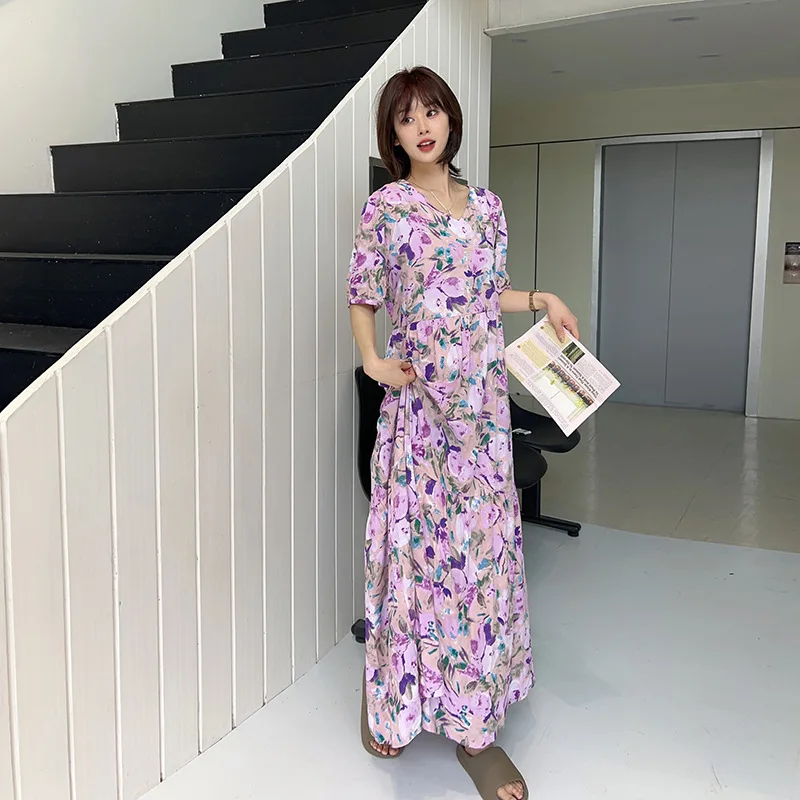 Boho Chic V Neck Floral Cotton Voile Dress Artsy Style Summer Dress with Pockets