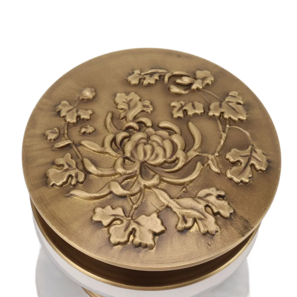 Push Bounce Drain Stopper Antique Brass Finish Brass Material Sink Drain Stopper Flower Carved Decorative Design