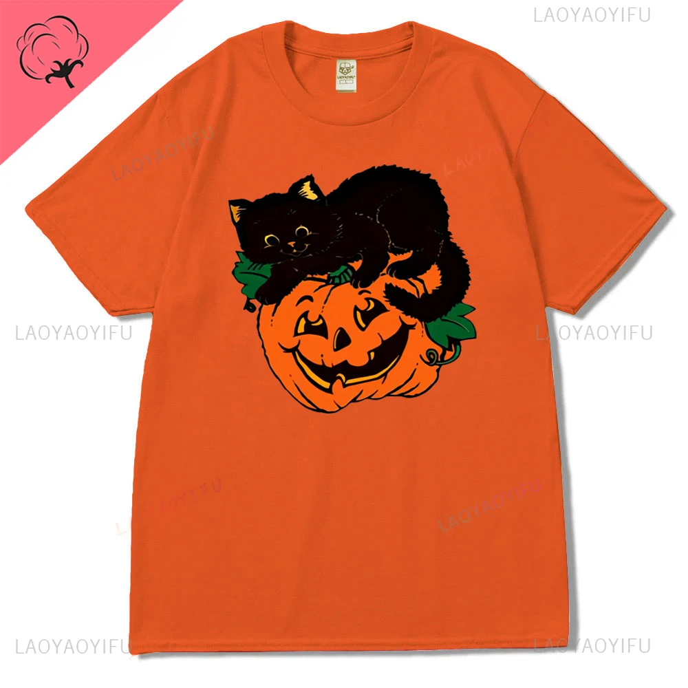 Kawaii Cat and Pumpkin Lamp Cartoon Graphics Hallowmas Cotton T Shirt Streetwear Short Sleeve Tshirt Hip Hop Hipster Women Tees