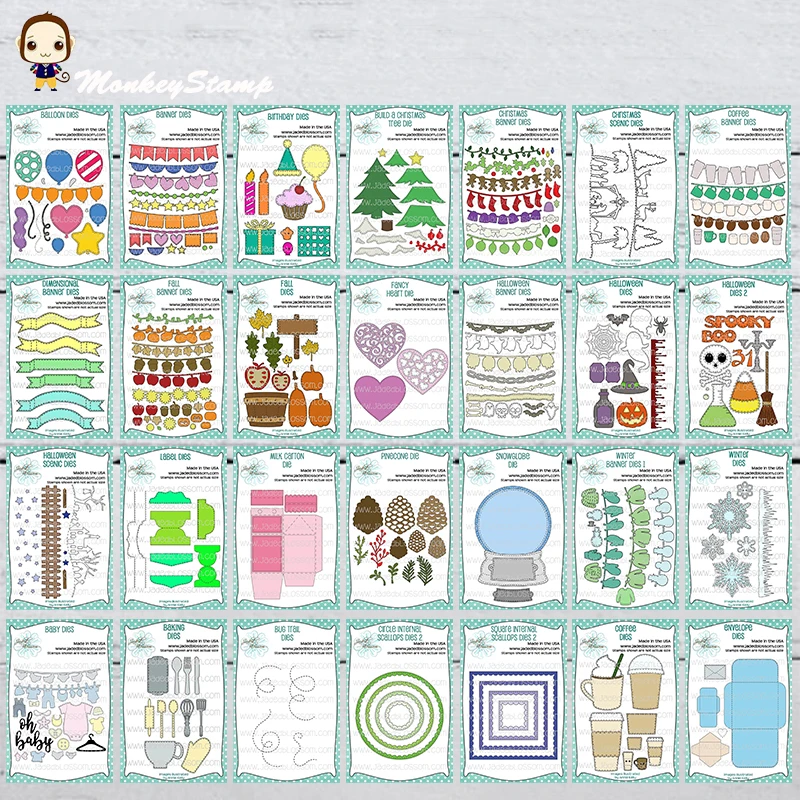 Plantillas de corte de metal de la serie Monkey Banner y con diseño de vieiras para álbumes de recortes DIY, álbumes de fotos, tarjetas de papel decorativas y repujado