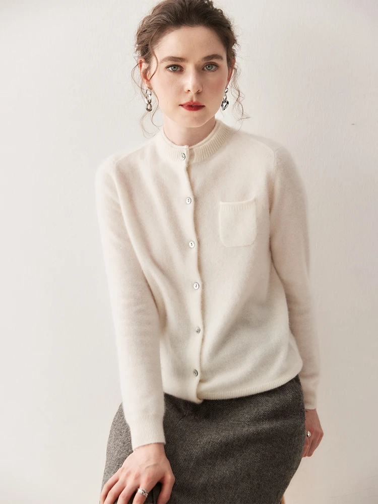 

TLOML Women's 100% Cashmere Sweater Mock Neck Pocket Buttons Cardigan Office Lady Cashmere Knitwear Autumn Winter Soft Warm Tops