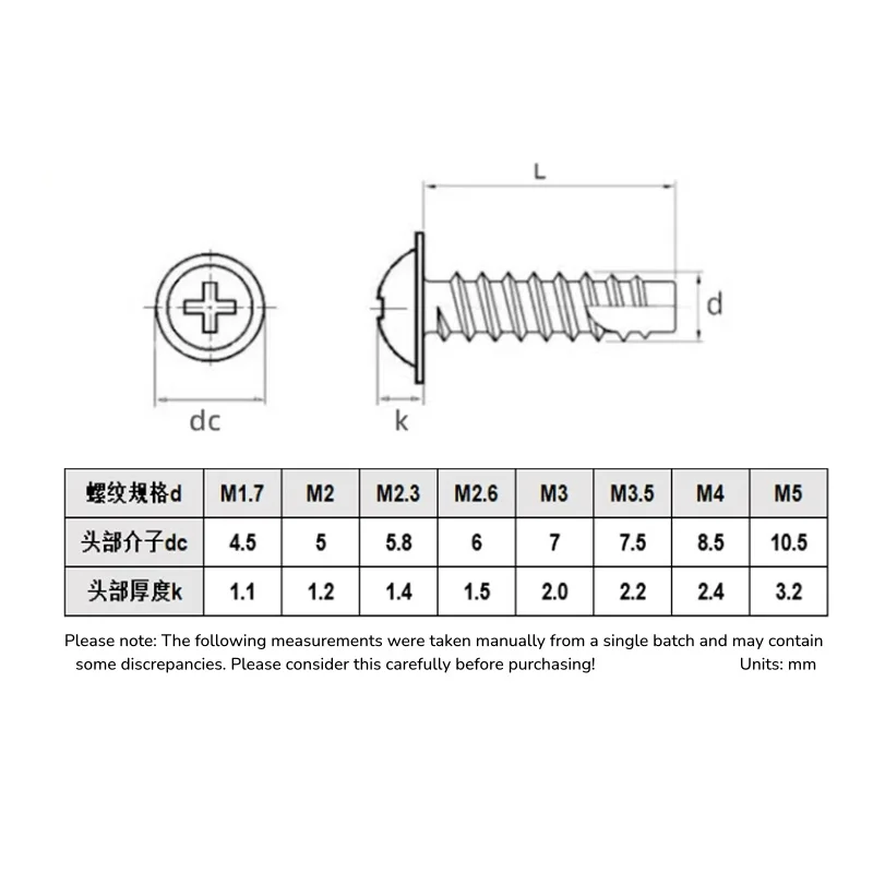 30/50Pcs M3 M4 304 Stainless Steel Cross Round Washer Head Cutting Tail Self-tapping Screw Length 5~12mm