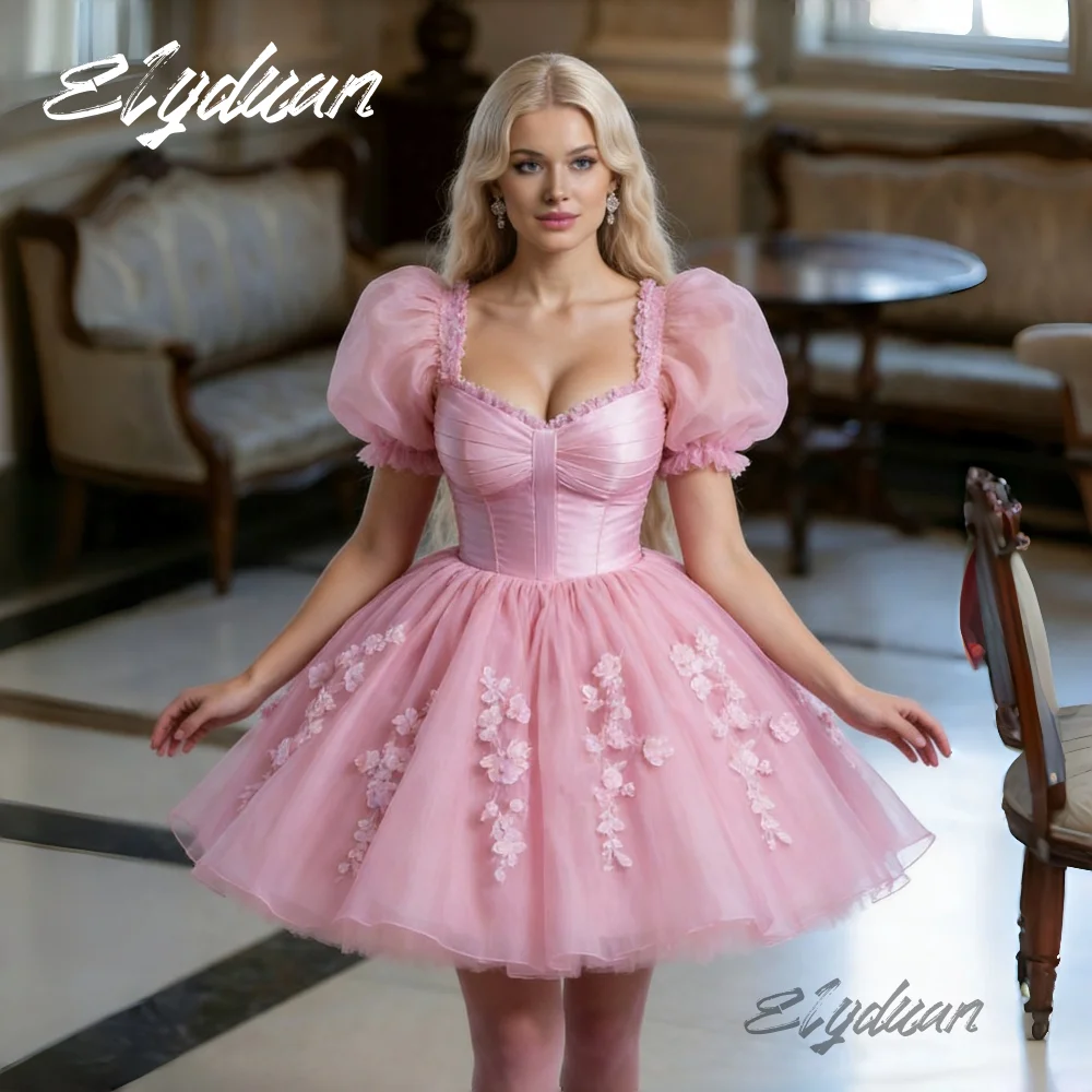 Short Pink Princess Prom Dress Puff Sleeves Ball Gown Lolita Ball Gown Evening Birthday Party Dress Lace Appliques Customized