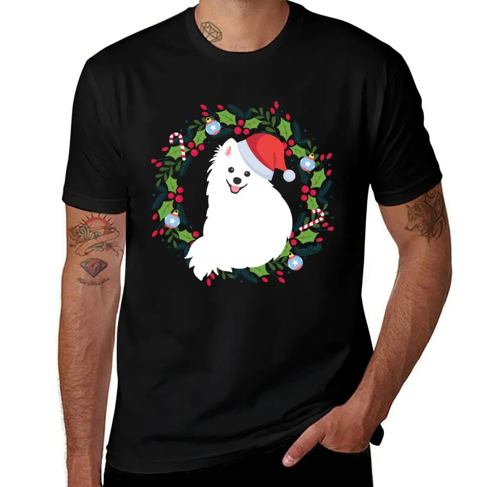 Japanese Spitz Dog Santa in Christmas Wreath - Kamahachi Green T-Shirt Ultra Soft Breathable Tee Top