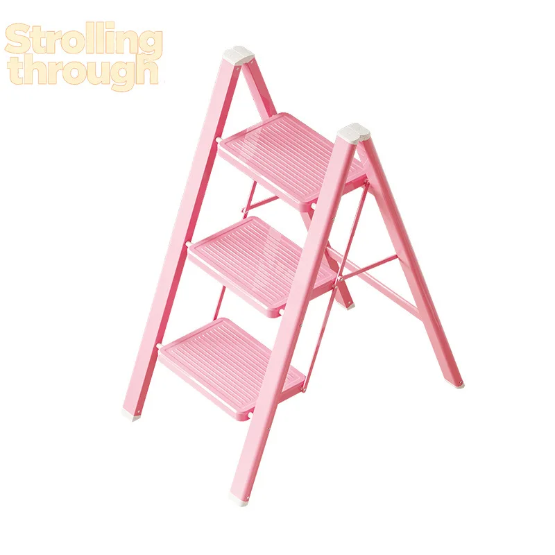 

Household Folding Pink Ladder Thickened Carbon Steel Herringbone Ladder Indoor Multifunctional Staircase Four-step Ladder Stool