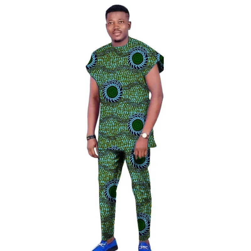 Raglan Sleeve Design Summer African Men's Set Tops+Elastic Waist Pants Print Outfits Tailored Nigerian Party Wear