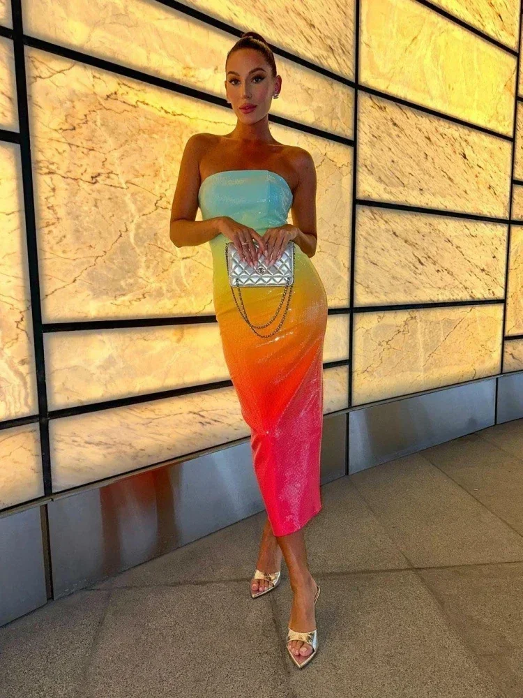 

2024 Summer Sexy Strapless Rainbow Sequins Long Dress Women Colorful Sequins Backless Bodycon Dress Cocktail Party Club Dresses