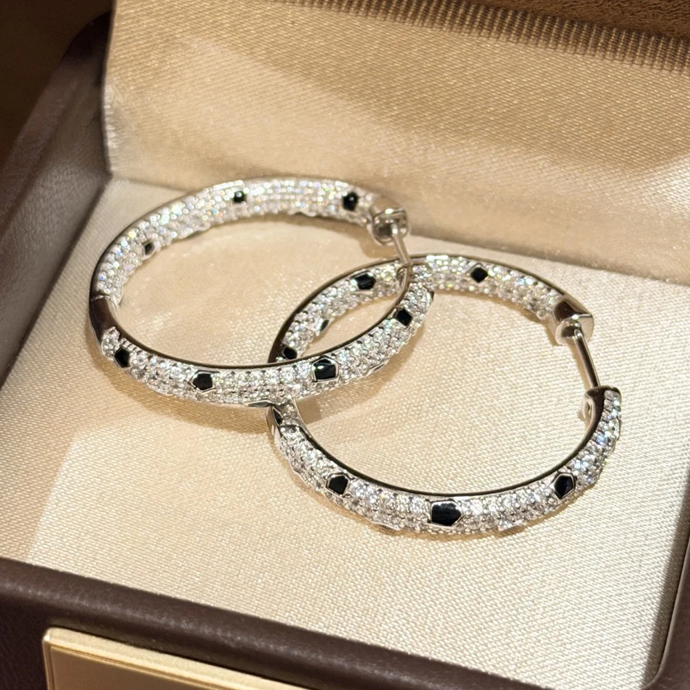 Trendy Real 925 Sterling Silver Earrings For Women Anniversary Gift Leopard Print Large Hoop Pave Crystal Luxury Fine Jewelry