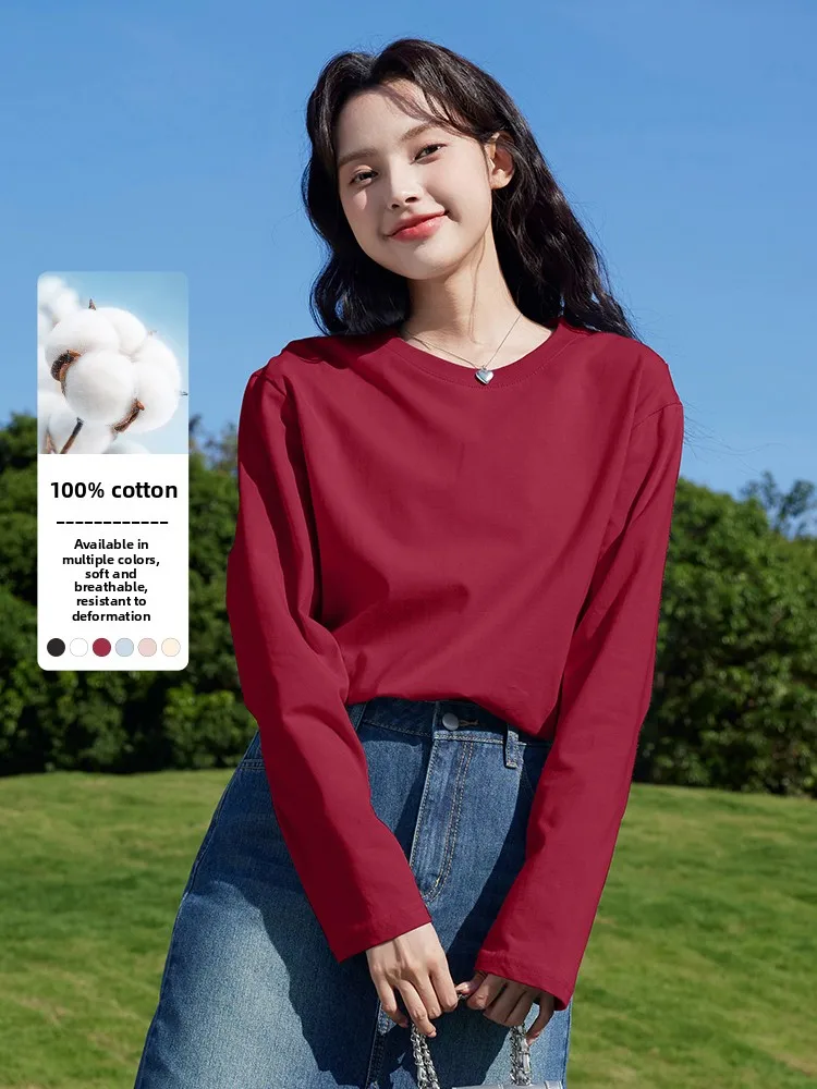 เสื้อยืดผู้หญิงทรงหลวม ผ้าฝ้ายแท้ แบรนด์ Bal Pure Cotton รุ่น Ne Long Sve สีเบจ สำหรับใส่เป็นเสื้อตัวในช่วงฤดูใบไม้ร่วง