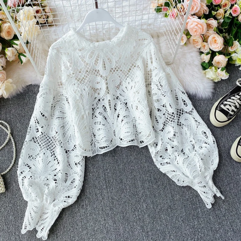 Spring Women Embroidery Hollow Out Sexy White Blouses Female Lantern Sleeve Stand-up Collar Back Zipper Blouse Short Shirts Tops