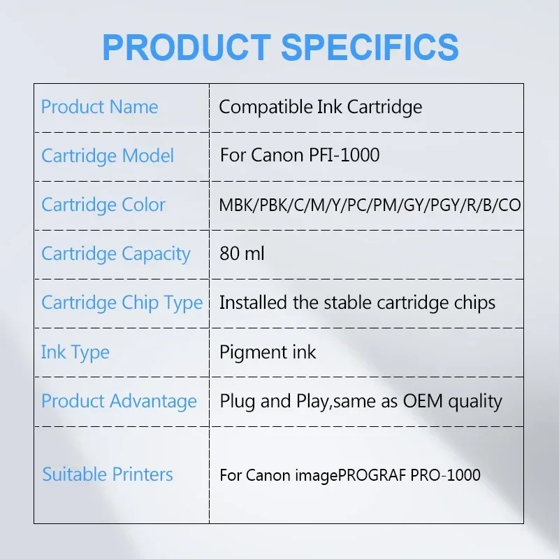 12Colors/Set PFI-1000 For Canon 1000 PFI1000 Compatible Ink Cartridge With Pigment Ink For Canon PRO-1000 PRO1000 Printer 80ml
