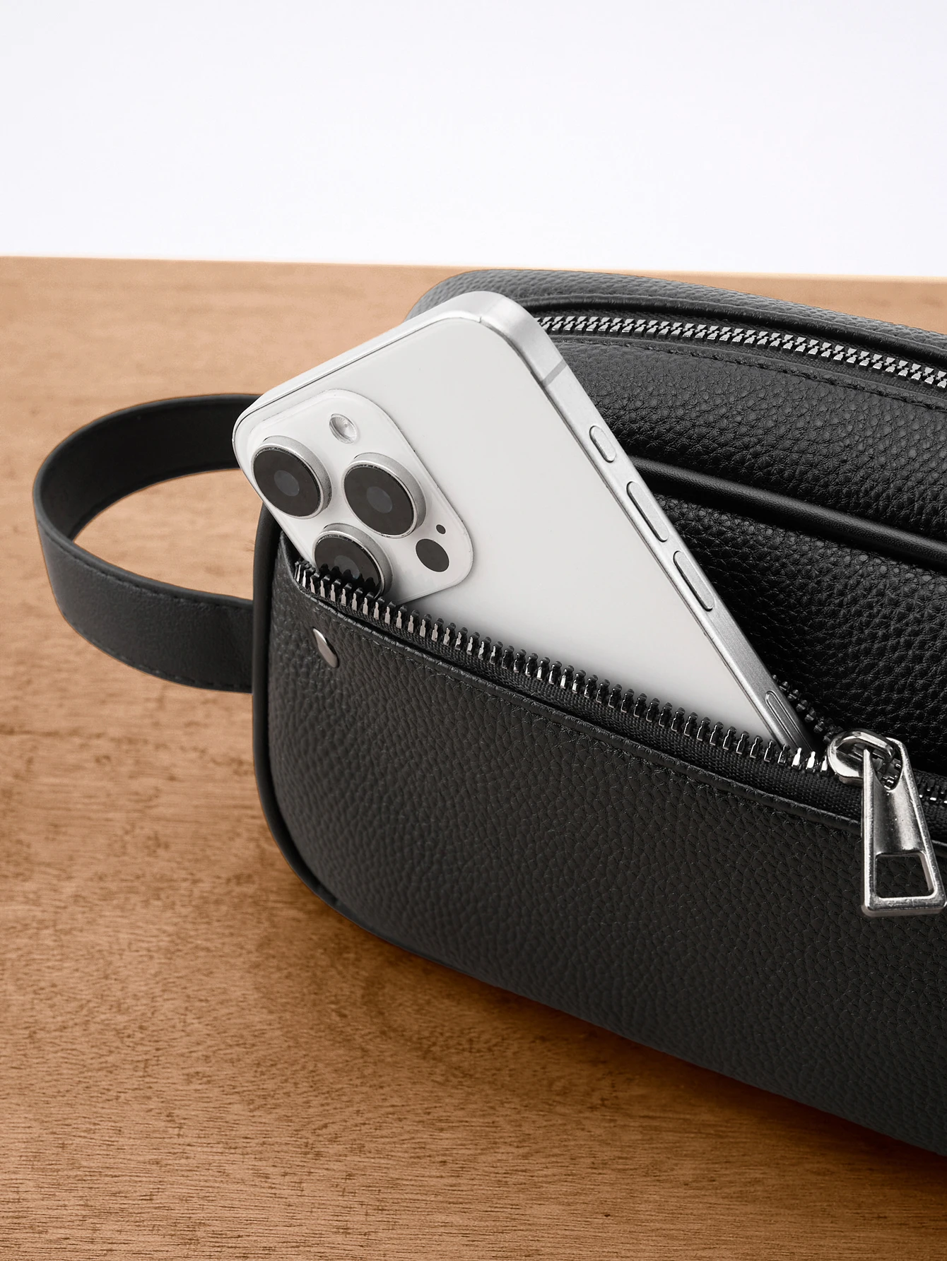 ​ ​ กระเป๋าจัดระเบียบหนัง PU พื้นผิวของผู้ชาย - กระเป๋าถือซิปคู่พร้อมสายรัดที่ถอดออกได้เหมาะกับโทรศัพท์และสิ่งจําเป็น