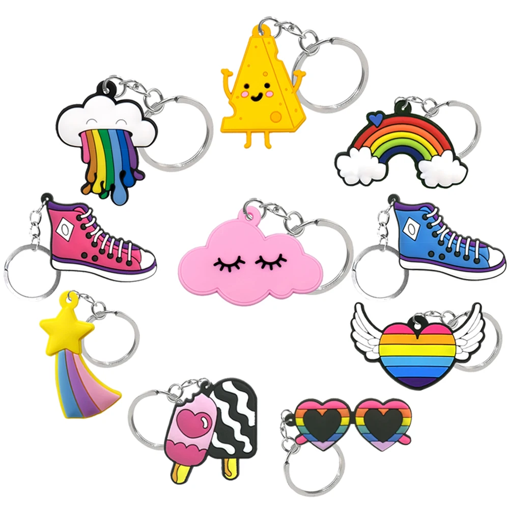 1/10PCS Rainbow Cute PVC Keychain Cheese Ice cream Key Ring Canvas Shoes Sunglasses Key Chain Handbag Accessories for Women Kids