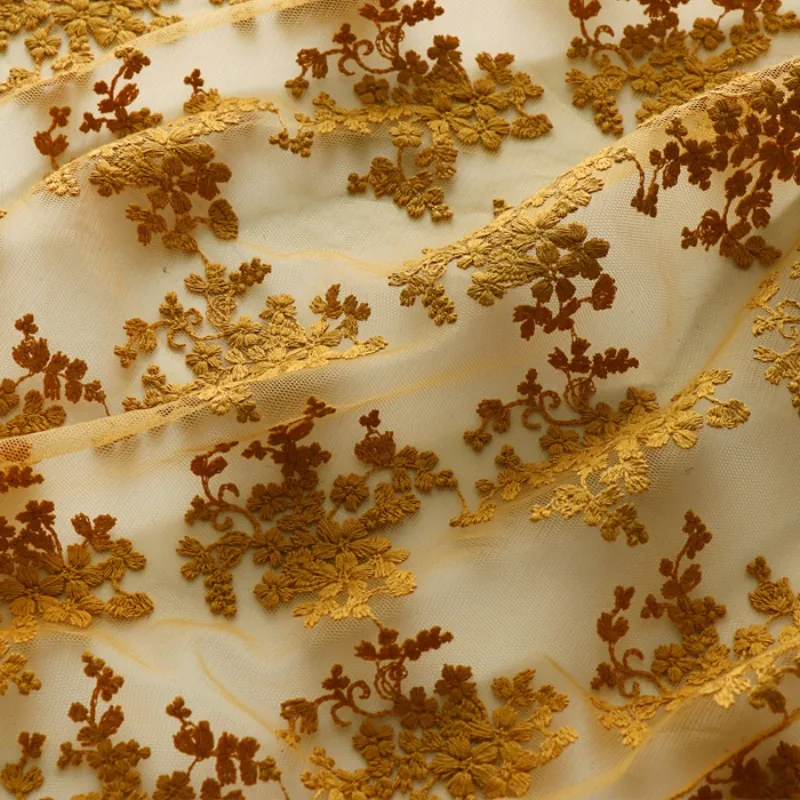 High Density Mesh Cotton Embroidered Fabric Qipao Dress Soft Chiffon Lace Yellow Floral Vintage Fashion Clothing Fabric