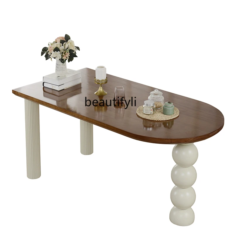 

French solid wood dining table, household, log cream wind semi-oval island dining table desk