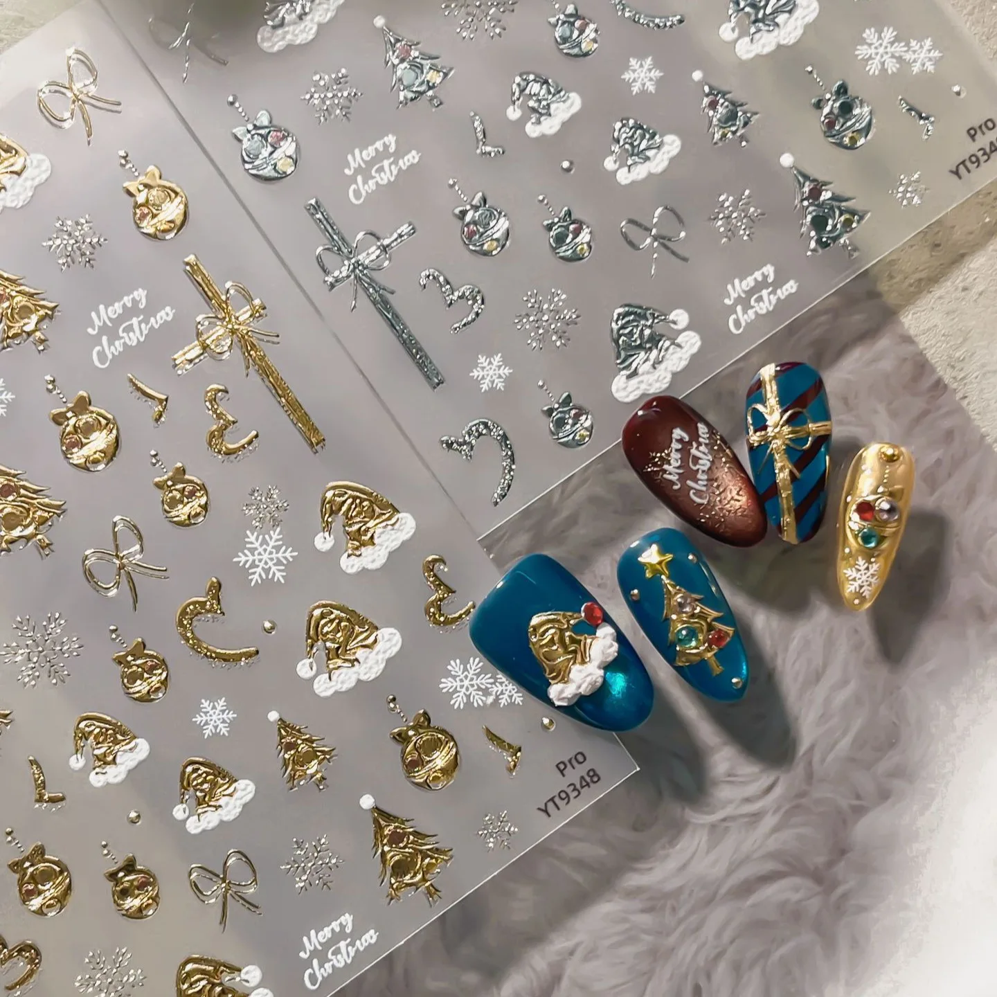 Christmas 3D Nail Stickers Gold Silver Bowknot Fluffy Hat Love Heart Bell Snowflakes Festive Design Theme Adhesive Nail Stickers