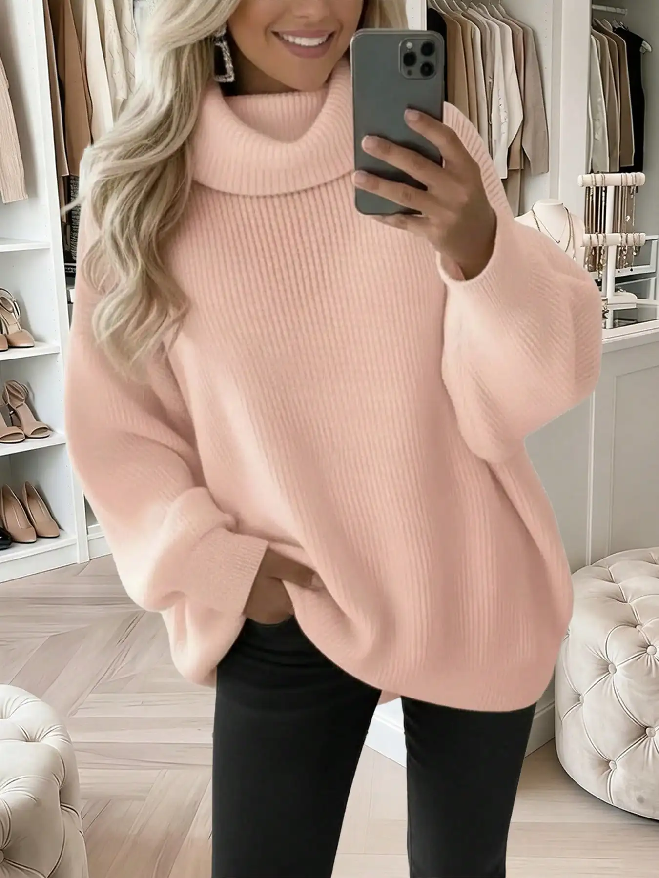 

Розовый вязаный свитер-водолазка оверсайз для женщин – уютный повседневный пуловер на осень-зиму