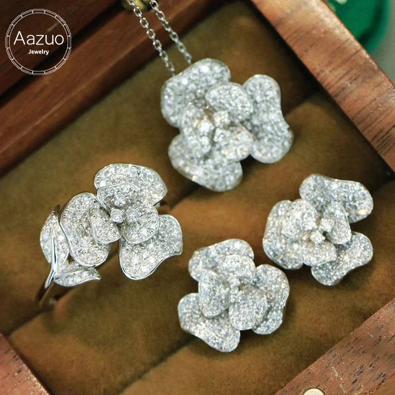 

Aazuo 18K White Gold Diamond Jewelry Set - Flower Ring Necklace Earrings Combo for Women And Girls Perfect for Special Occasions