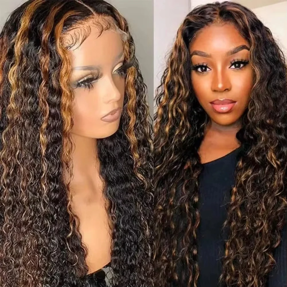

1b/30 13x4 HD Lace Frontal Human Hair Wigs Glueless Deep Wave Curly Transparent Lace Frontal Wig Highlight Wig Colored For Women