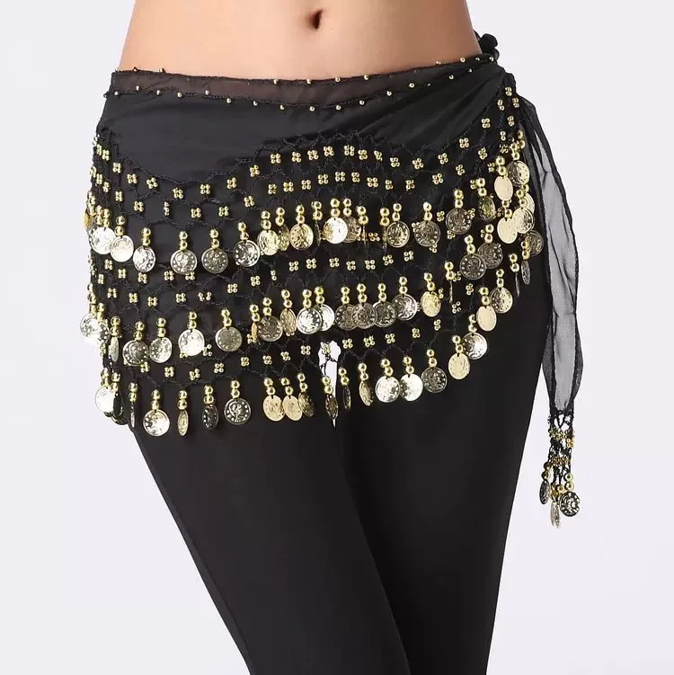 Sexy Women Belly Dance Chiffon Skirt Gold Sequins Waist Chain Tassel Belts Clubwear Indian Dance Practice Performance Hip Scarf