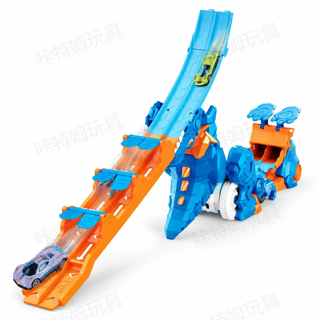 Dinosaur Launch Race Track Transformable Toy, Dual Lane Ramp Racing Set, With 2 Alloy Cars, Parent Child Interactive Gift