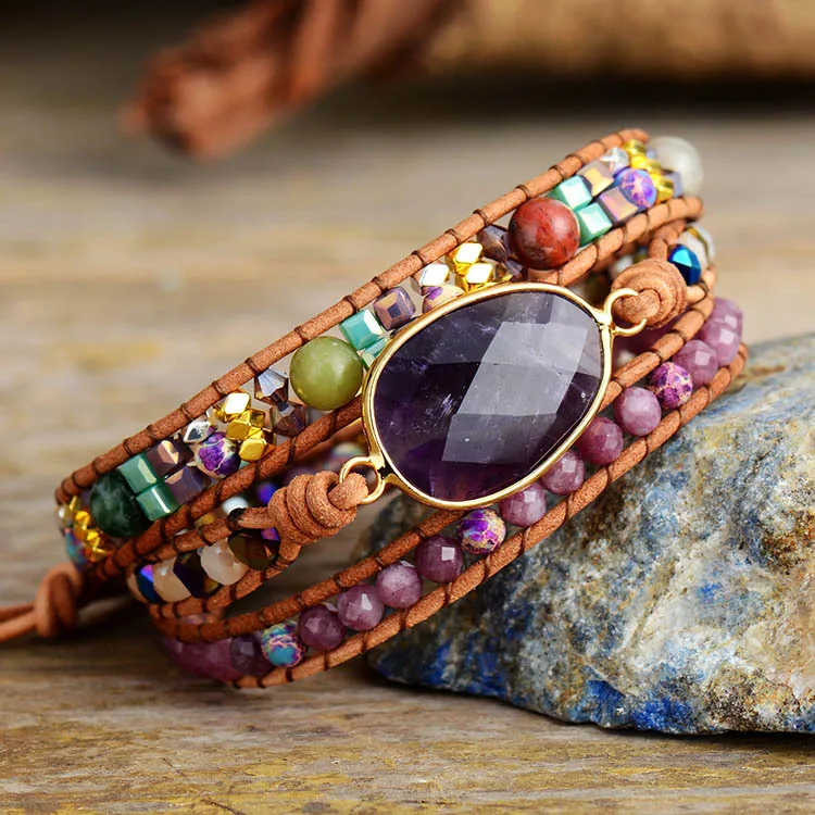 Luxury Handwoven Leather Wrap Bracelet Large Faceted Amethyst Mixed Natural Gemstone Healing Good Luck Friendship Unisex Gifts