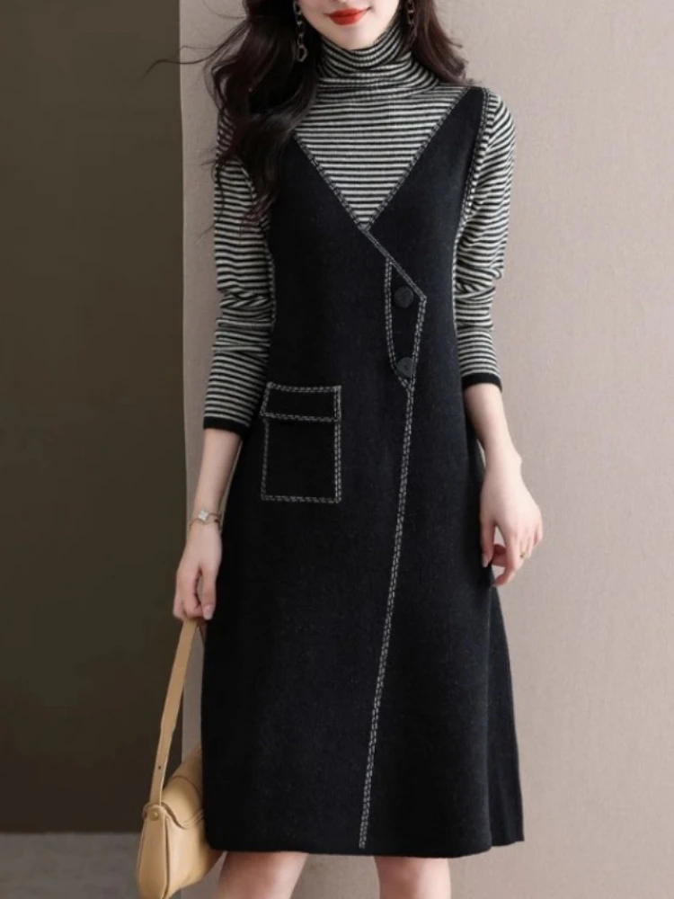 فستان نسائي للخريف والشتاء سترة محبوكة متوسطة الطول مكونة من قطعتين تنورة فضفاضة من الداخل مع تنورة محبوكة من الأسفل #3