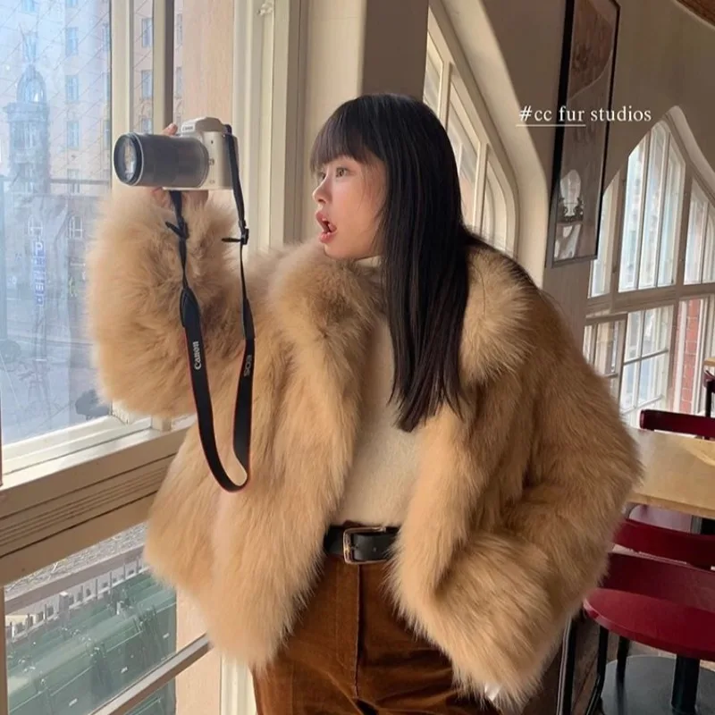 Winter Female New Imitate Fox Fur Coat Top 2023 Women  Short Loose Fur Coat Youth Standing Collar Coat Solid Color Warm Cardigan