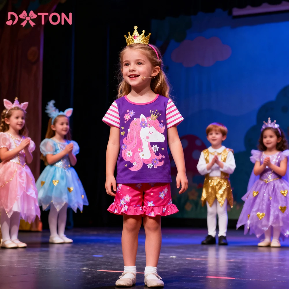 

DXTON Children 2pcs Sets Outfits Short Sleeve Girls T-shirts & Kids Shorts Summer Daily Clothing Set Cartoon School Girls Suit