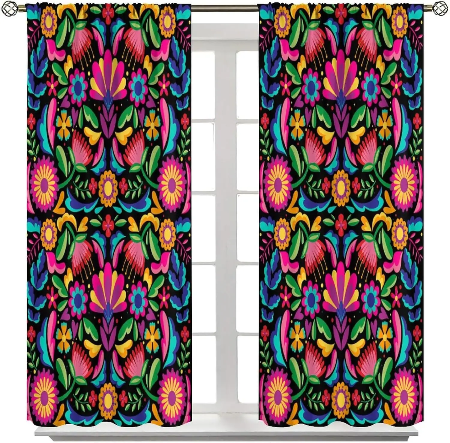 Mexico Floral Curtains,Mexican Birds Boho Flowers Kitchen Window Drapes, Colorful Paisley Ethnic Fabric Modern Window Treatments