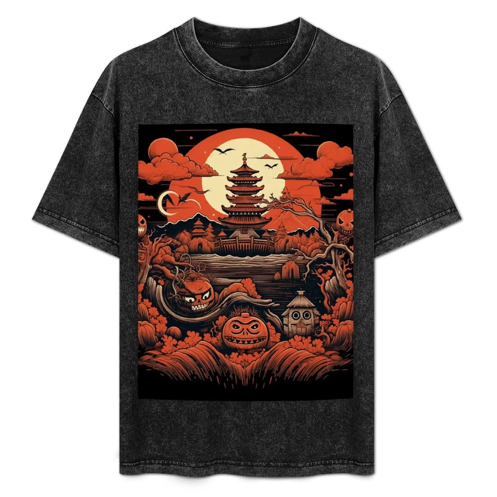 

Fall Season Vintage Japanese Halloween Art T-Shirt Simple Casual Short Sleeve Tee