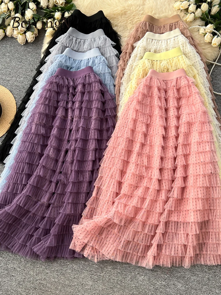 

Beiyingni 2026 Korean Elegant Women Mesh Cake Skirts Dots Printed Tiered Tutu Maxi A-line Skirt Female Casual Vintage Faldas
