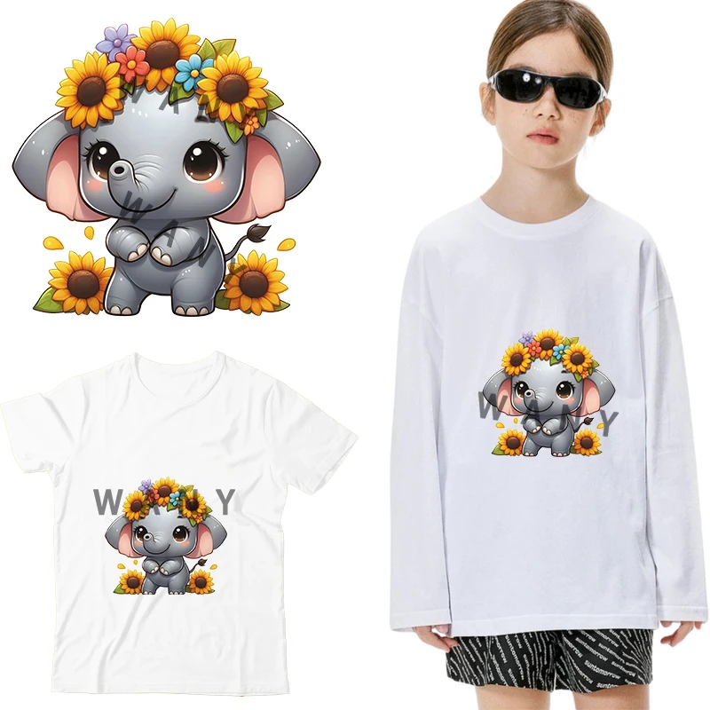 A baby elephant wearing a wreath Iron On Patch Heat Transfer On children Clothes Iron on transfer dtf transfers ready to press