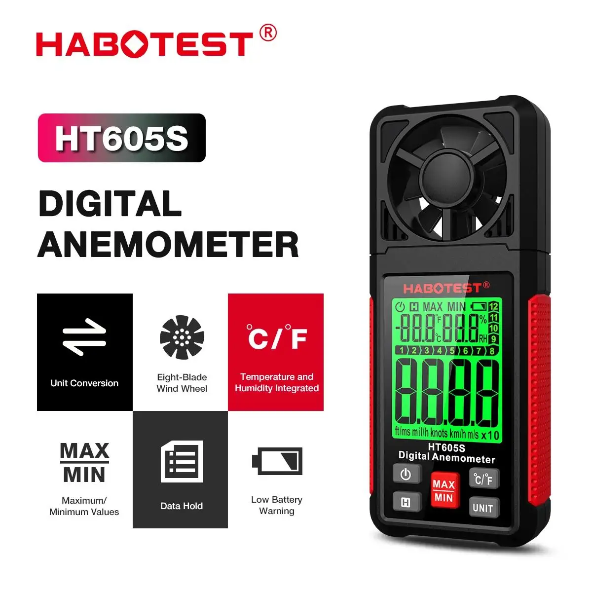 

HABOTEST HT605S цифровой анемометр ручной портативный измеритель скорости ветра измеритель скорости воздуха ЖК-дисплей измеритель температуры и влажности