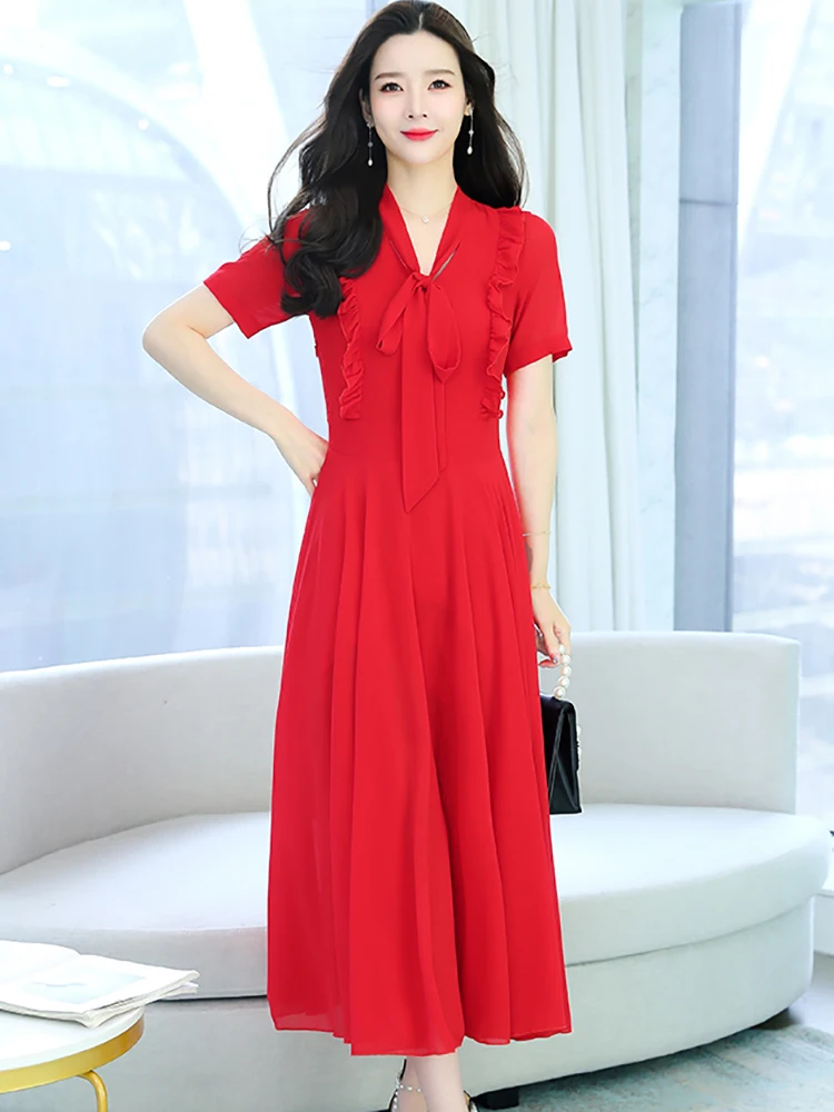 Summer Red Short Sleeve Chic Ruffled Dress Women Elegant Bow Collar Casual Beach Long Dress 2024 New Bodycon Party Maxi Vestidos