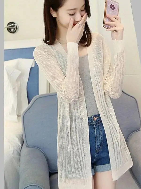Ladies' Lightweight V-Neck Knitted Sun Protection Outerwear Versatile Casual Style Long Sleeve Air Conditioning Sweater