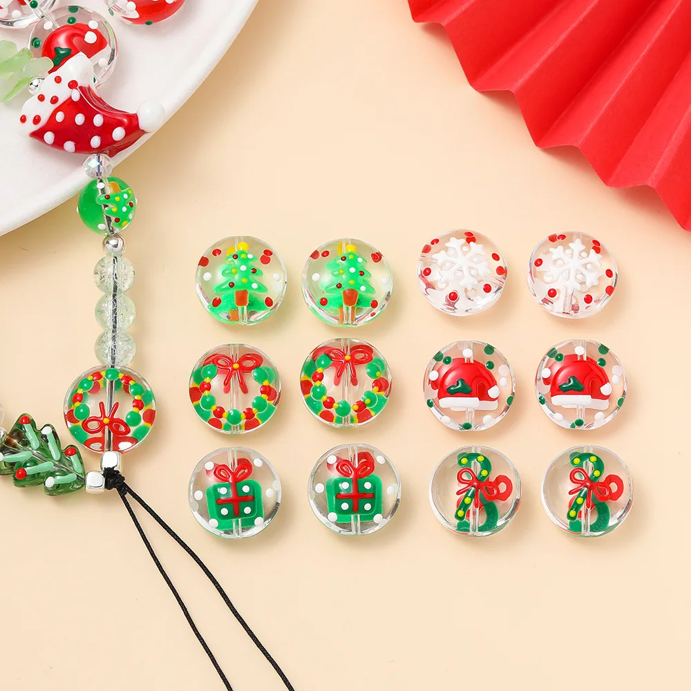 1Pcs New Christmas Series Double-Sided Christmas Flat Bead Cartoon Hand-Painted Through-Hole Bead DIY Bead Material Jewelry