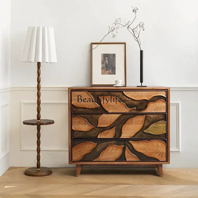wind retro art chest three drawers ash wood relief maple leaf locker