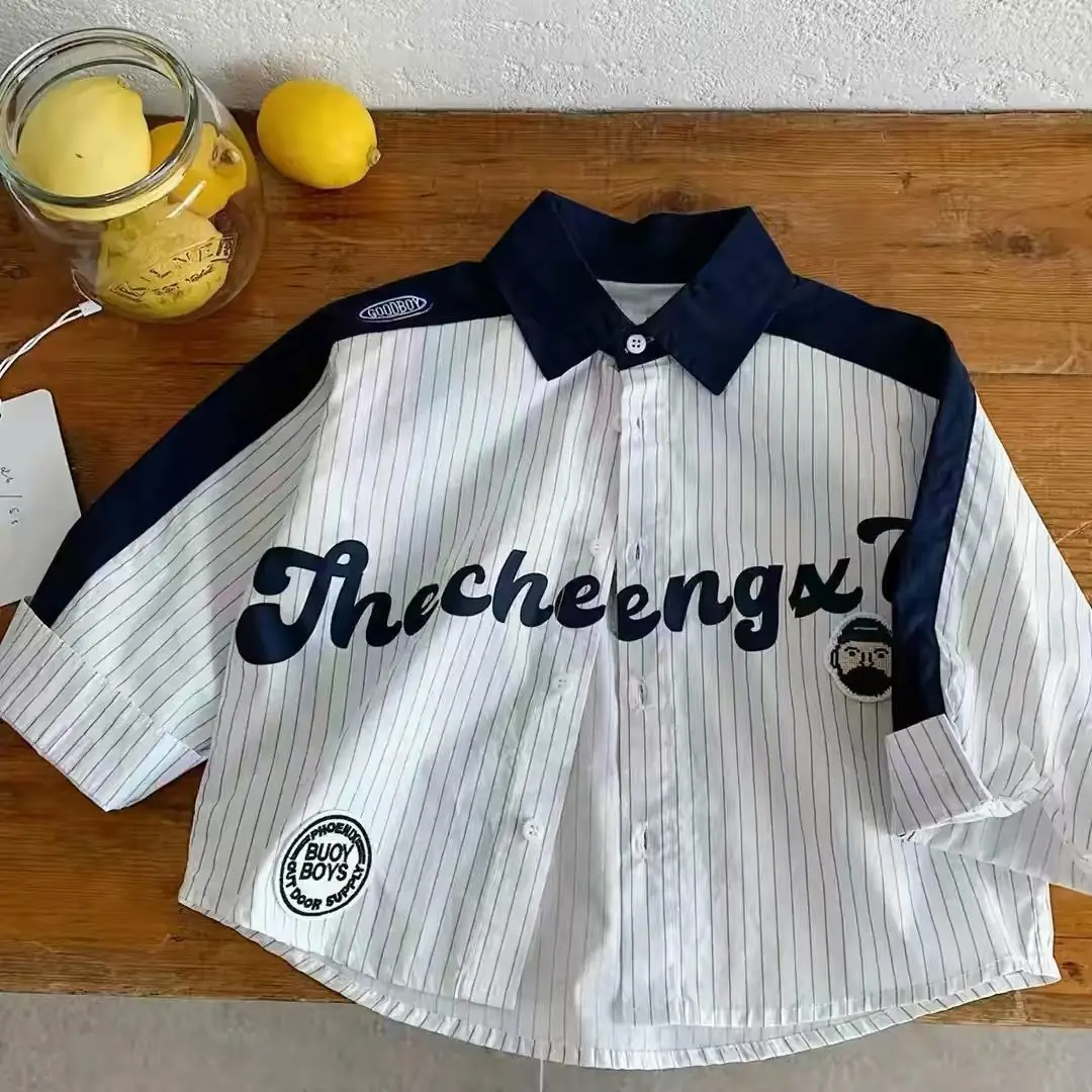 Spring Boys Letter Print Shirt Kids Korean Style Striped Button Up Top Toddler Casual Cotton Blouse Fashion Children Clothing